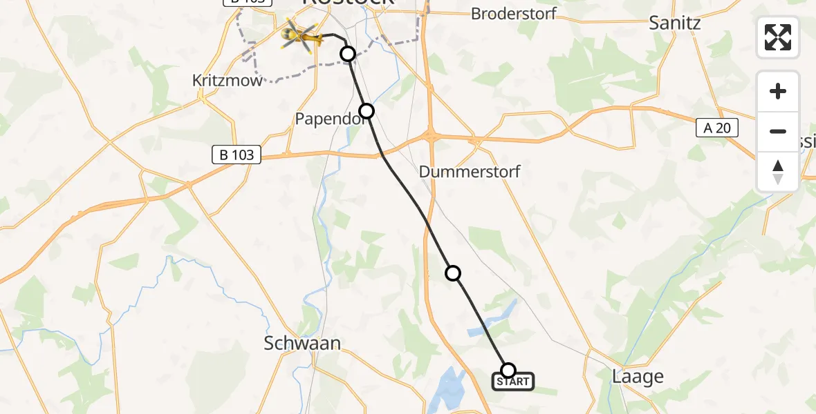 Flugroute Rettungshubschrauber Flughafen Rostock-Laage - Rostock, 27 Juli 2026, 10:35