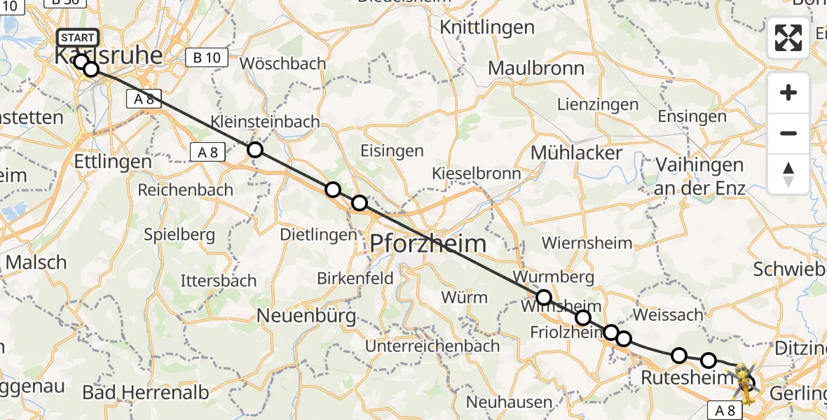 Flugroute Rettungshubschrauber Karlsruhe - Leonberg Hospital, 27 Juli 2026, 10:36