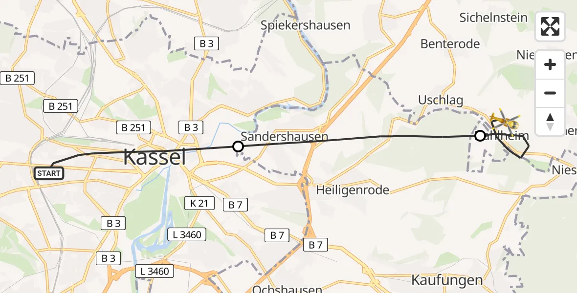 Flugroute Rettungshubschrauber Kassel - Staufenberg, 27 Juli 2026, 10:36