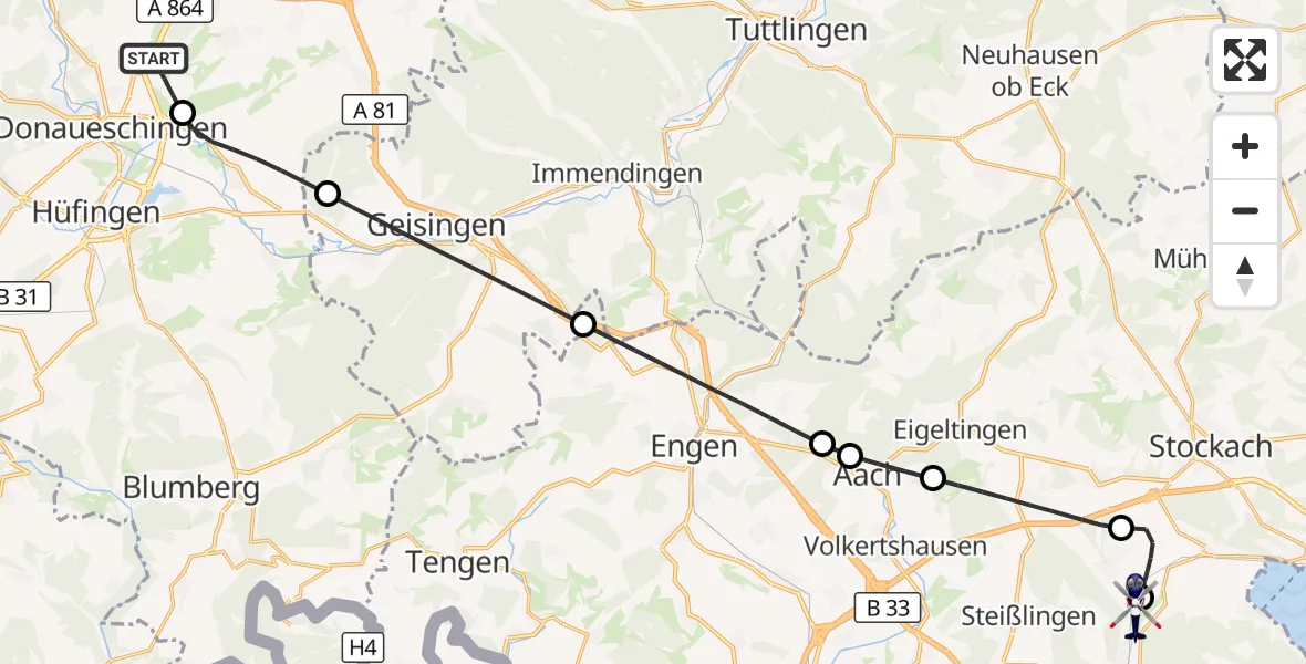 Flugroute Polizeihubschrauber Donaueschingen-Villingen Flugplatz - Radolfzell-Stahlringen Flugplatz, 27 Juli 2026, 10:47