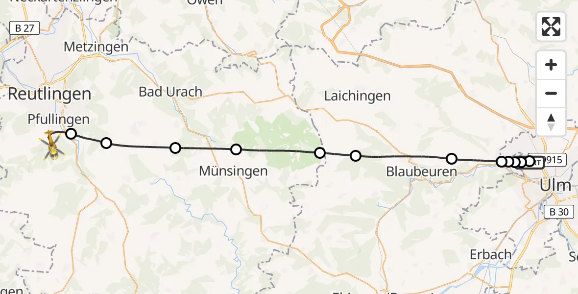 Flugroute Rettungshubschrauber Ulm Military Hospital Emergency - Pfullingen, 27 Juli 2026, 10:52