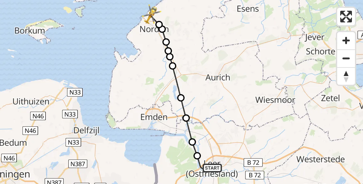 Flugroute Ambulanzhubschrauber Leer (Ostfriesland) - Norden-Norddeich Flughafen, 27 Juli 2026, 10:53
