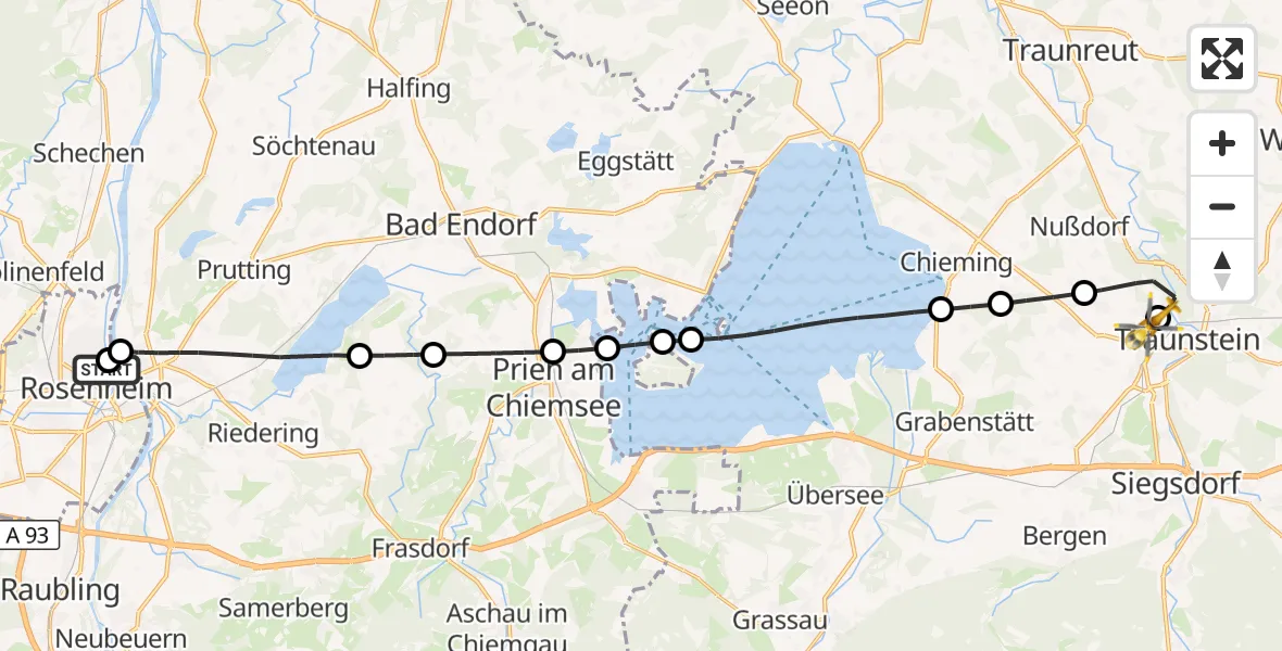 Flugroute Rettungshubschrauber RoMed Hospital Rosenheim - Traunstein Hospital, 27 Juli 2026, 10:57