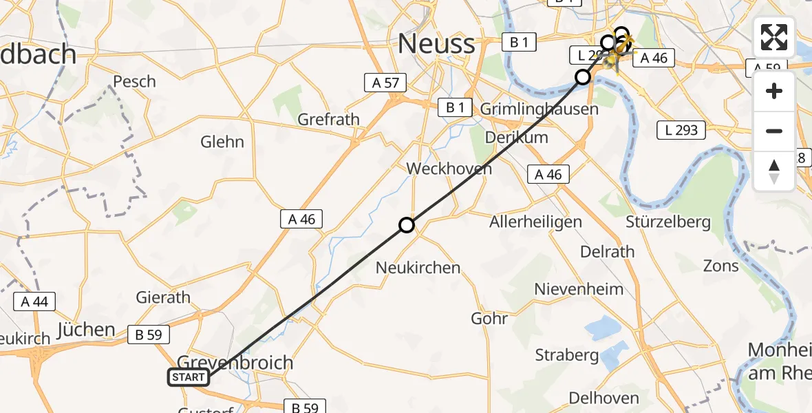 Flugroute Rettungshubschrauber Grevenbroich - Düsseldorf University Hospital, 27 Juli 2026, 10:58
