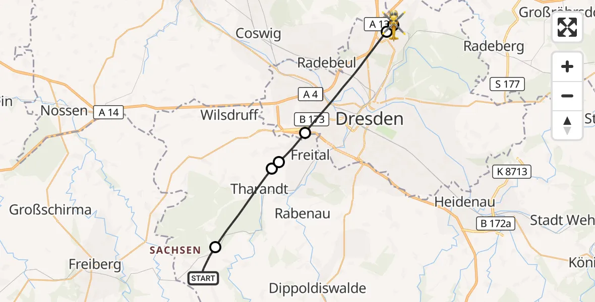 Flugroute Rettungshubschrauber Klingenberg - Dresden Bundespolizei Hubschrauberlandeplatz, 27 Juli 2026, 11:00