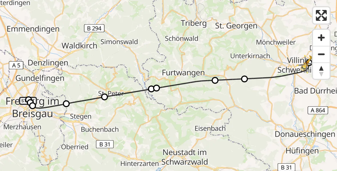 Flugroute Ambulanzhubschrauber Freiburg University Hospital Heliport 1 - DRF Air Rescue Station Villingen-Schwenningen Hubschrauberlandeplatz (Christoph 11), 27 Juli 2026, 11:01