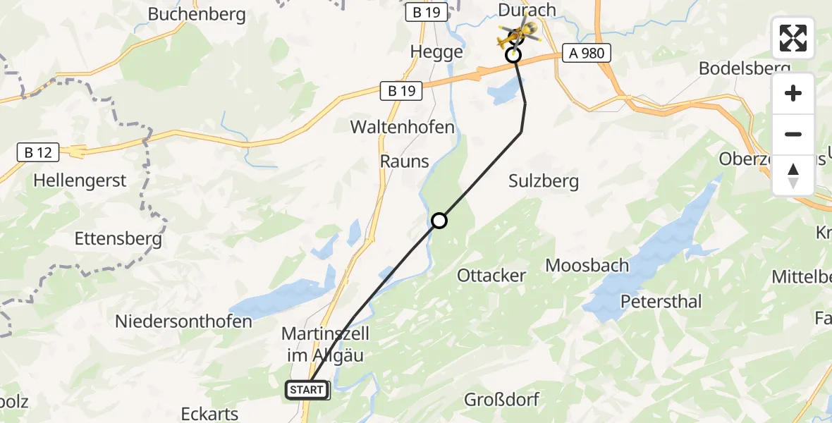 Flugroute Rettungshubschrauber Waltenhofen - Kempten-Durach Flugplatz, 27 Juli 2026, 11:02