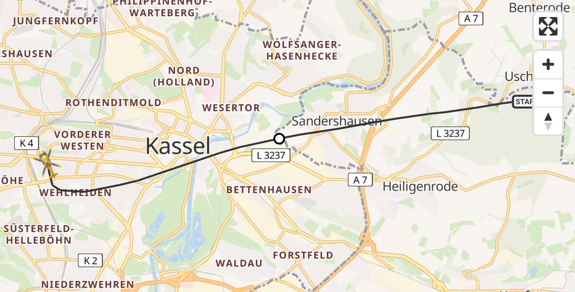 Flugroute Rettungshubschrauber Niestetal - Kassel, 27 Juli 2026, 11:05