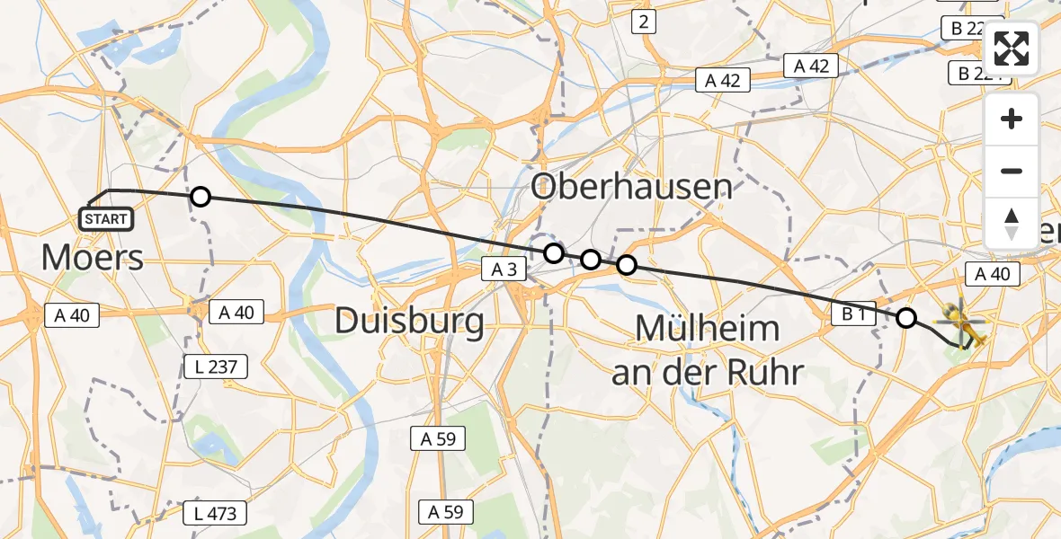 Flugroute Rettungshubschrauber Moers - Essen, 27 Juli 2026, 11:14