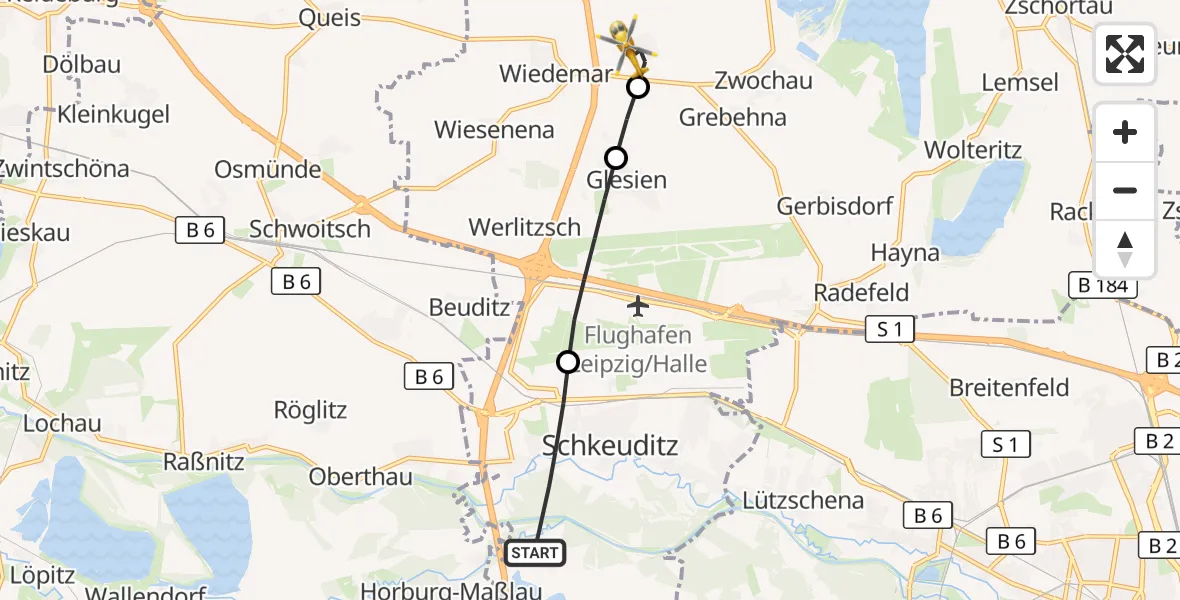 Flugroute Rettungshubschrauber Schkeuditz - Wiedemar, 27 Juli 2026, 11:20