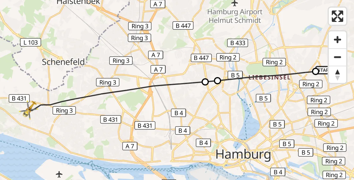 Flugroute Rettungshubschrauber Hamburg Military Hospital - Hamburg, 27 Juli 2026, 11:22