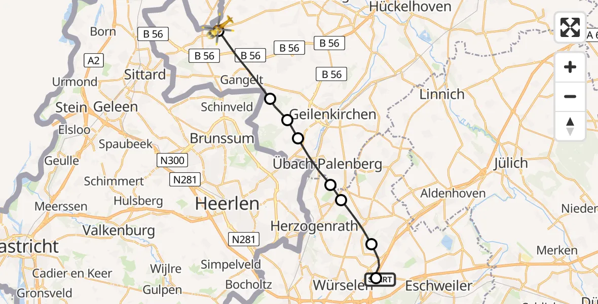 Flugroute Rettungshubschrauber Aachen-Merzbrück Flughafen - Selfkant, 27 Juli 2026, 11:23