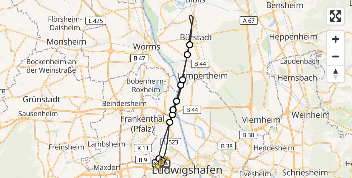 Flugroute Rettungshubschrauber Ludwigshafen Accident Hospital - Ludwigshafen Accident Hospital, 27 Juli 2026, 11:27