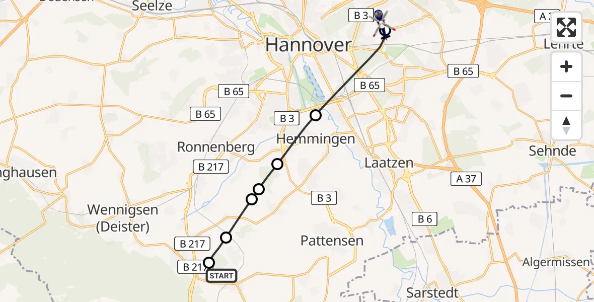 Flugroute Polizeihubschrauber Springe - Hannover Luftrettung Hubschrauberlandeplatz (Christoph 4), 27 Juli 2026, 11:30
