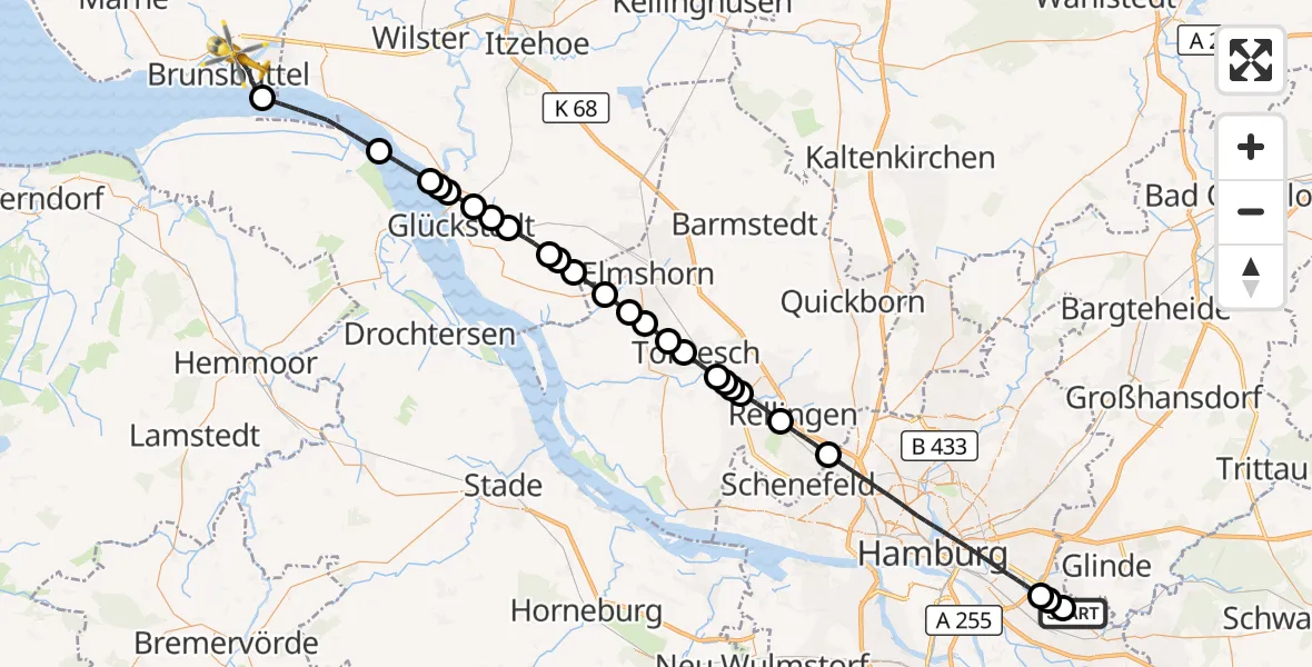 Flugroute Ambulanzhubschrauber Christoph Hansa ADAC Hubschrauberlandeplatz - Brunsbüttel, 27 Juli 2026, 11:31