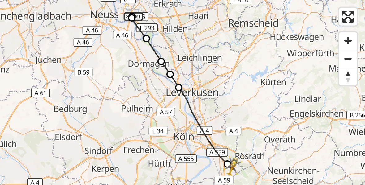 Flugroute Rettungshubschrauber Düsseldorf University Hospital - Köln Bonn Flughafen, 27 Juli 2026, 11:33