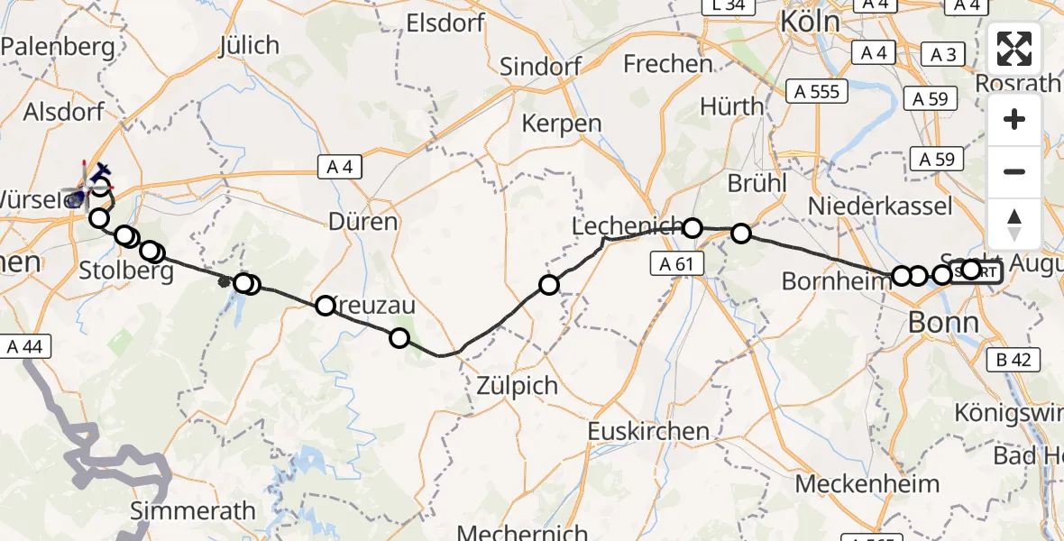 Flugroute Polizeihubschrauber Sankt Augustin - Aachen-Merzbrück Flughafen, 27 Juli 2026, 11:34