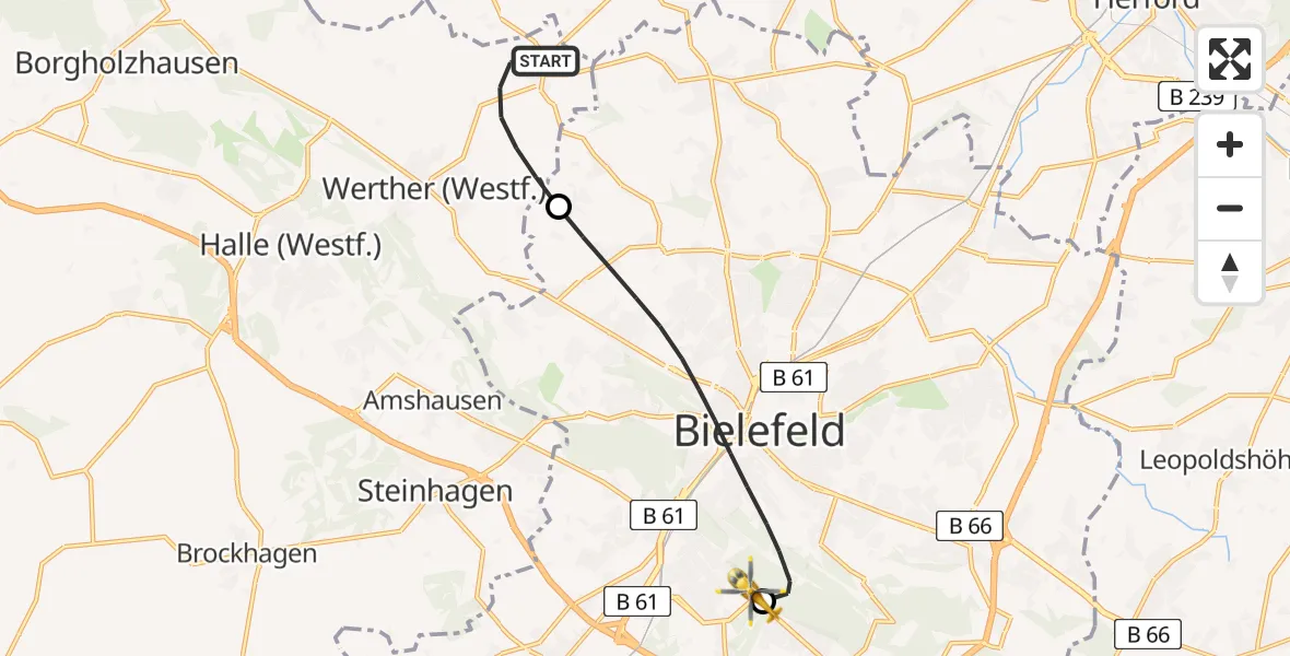 Flugroute Rettungshubschrauber Werther (Westf.) - Luftrettungszentrum Bielefeld, 27 Juli 2026, 11:39