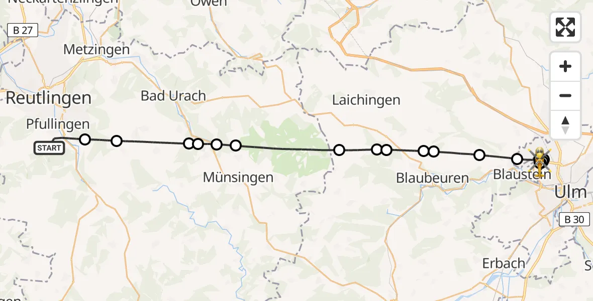 Flugroute Rettungshubschrauber Pfullingen - ADAC Air Rescue Station Ulm (Christoph 22), 27 Juli 2026, 11:40