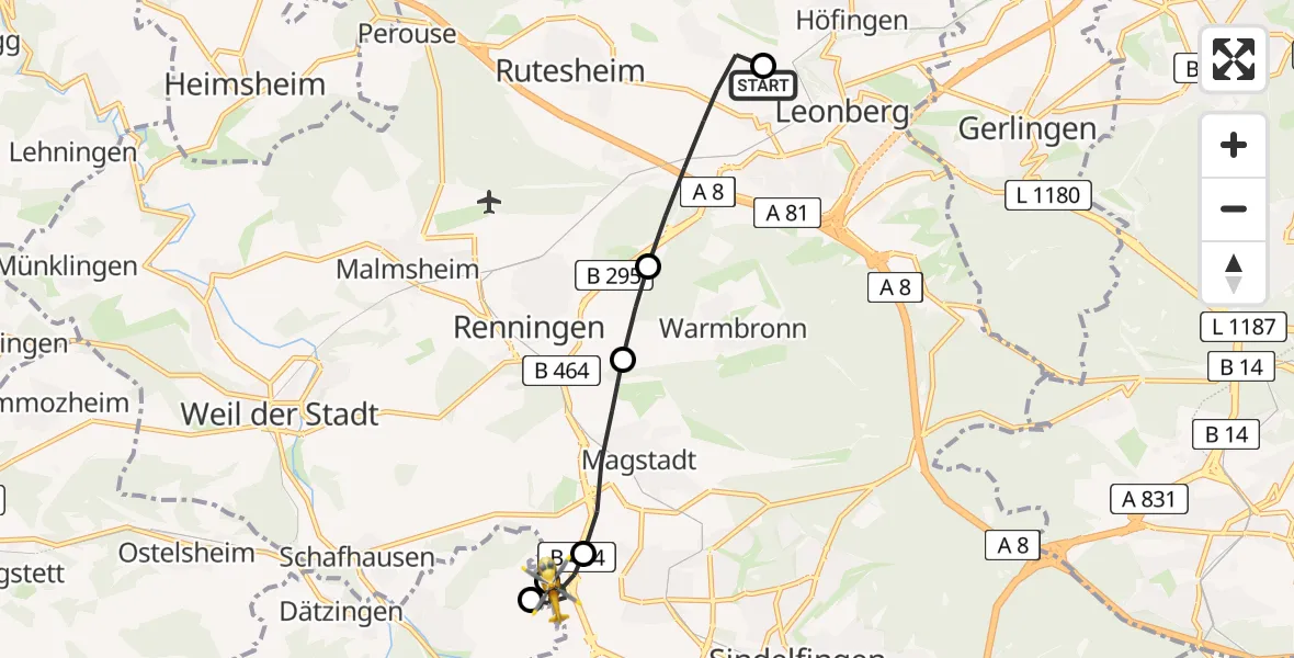Flugroute Rettungshubschrauber Leonberg Hospital - Sindelfingen, 27 Juli 2026, 11:52