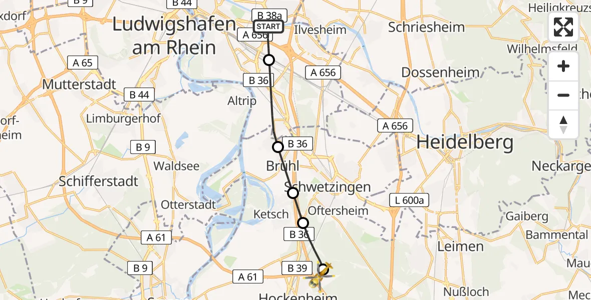 Flugroute Rettungshubschrauber Mannheim-City Flughafen - Hockenheim, 27 Juli 2026, 11:58