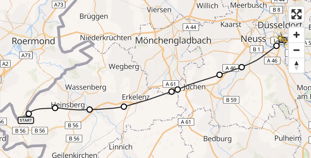 Flugroute Rettungshubschrauber Selfkant - Düsseldorf University Hospital, 27 Juli 2026, 11:59
