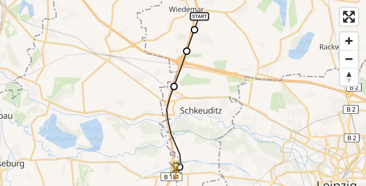 Flugroute Rettungshubschrauber Wiedemar - ADAC Air Rescue Station Leipzig/Schkeuditz-Dölzig Hubschrauberlandeplatz (Christoph 61), 27 Juli 2026, 12:00