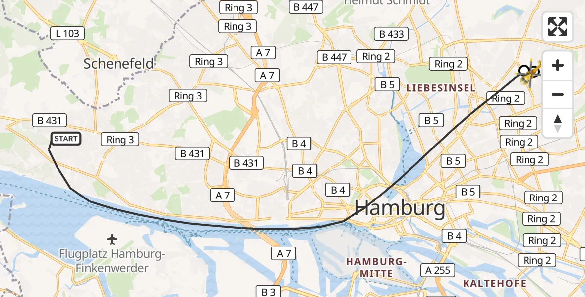Flugroute Rettungshubschrauber Hamburg - Hamburg Military Hospital, 27 Juli 2026, 12:00
