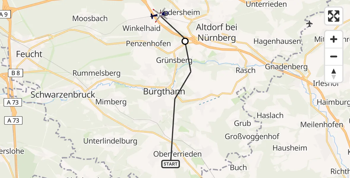 Flugroute Polizeihubschrauber Burgthann - Winkelhaid, 27 Juli 2026, 12:01