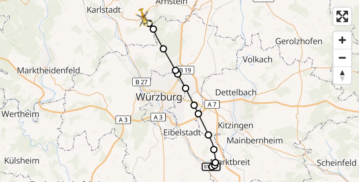 Flugroute Rettungshubschrauber Ochsenfurt Hospital - Arnstein, 27 Juli 2026, 12:03