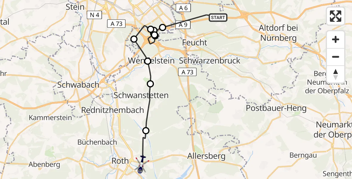 Flugroute Polizeihubschrauber Feuchter Forst - Roth, 27 Juli 2026, 12:05
