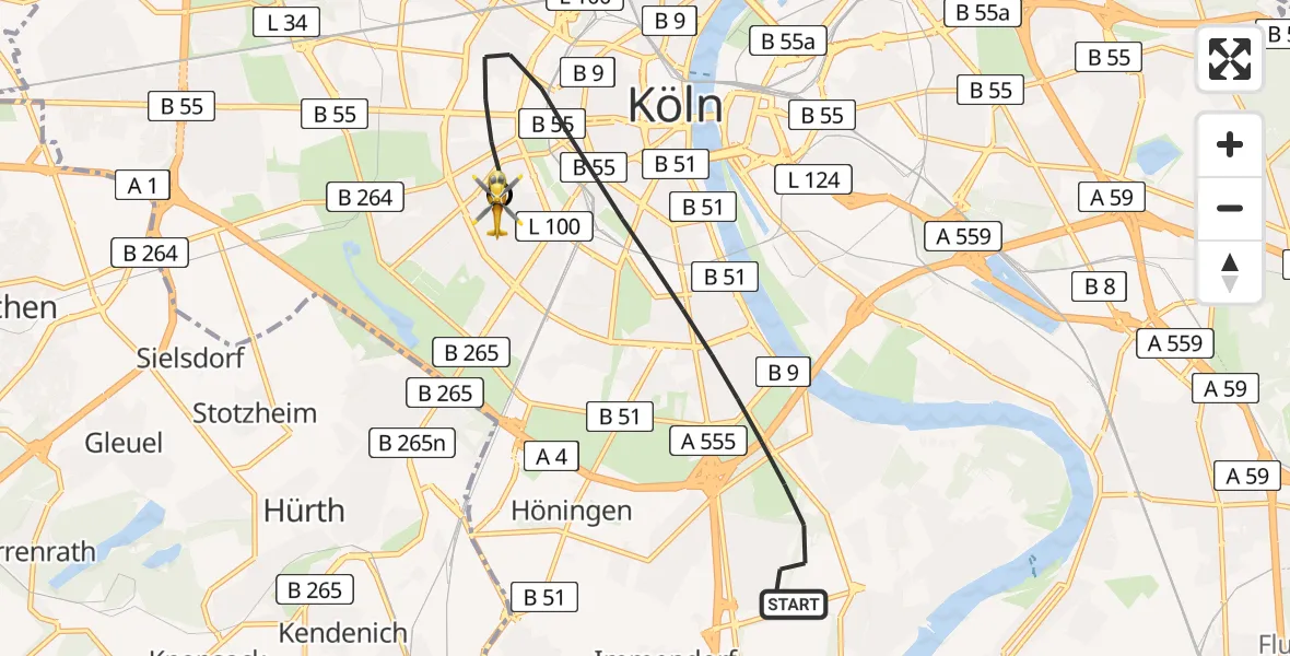 Flugroute Ambulanzhubschrauber Köln - Köln University Hospital, 27 Juli 2026, 12:07