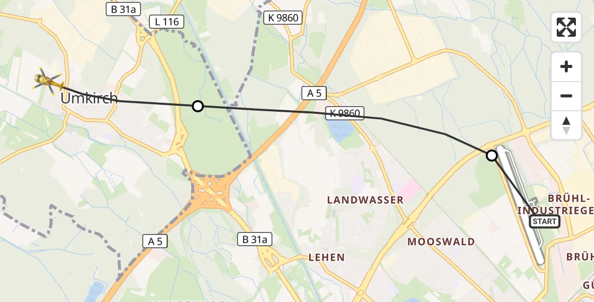 Flugroute Ambulanzhubschrauber Freiburg im Breisgau Flugplatz - Umkirch, 27 Juli 2026, 12:20