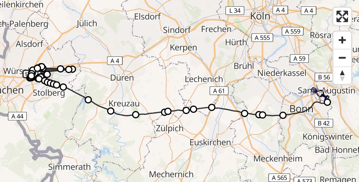 Flugroute Polizeihubschrauber Würselen - Bonn-Hangelar Flugplatz, 27 Juli 2026, 12:21