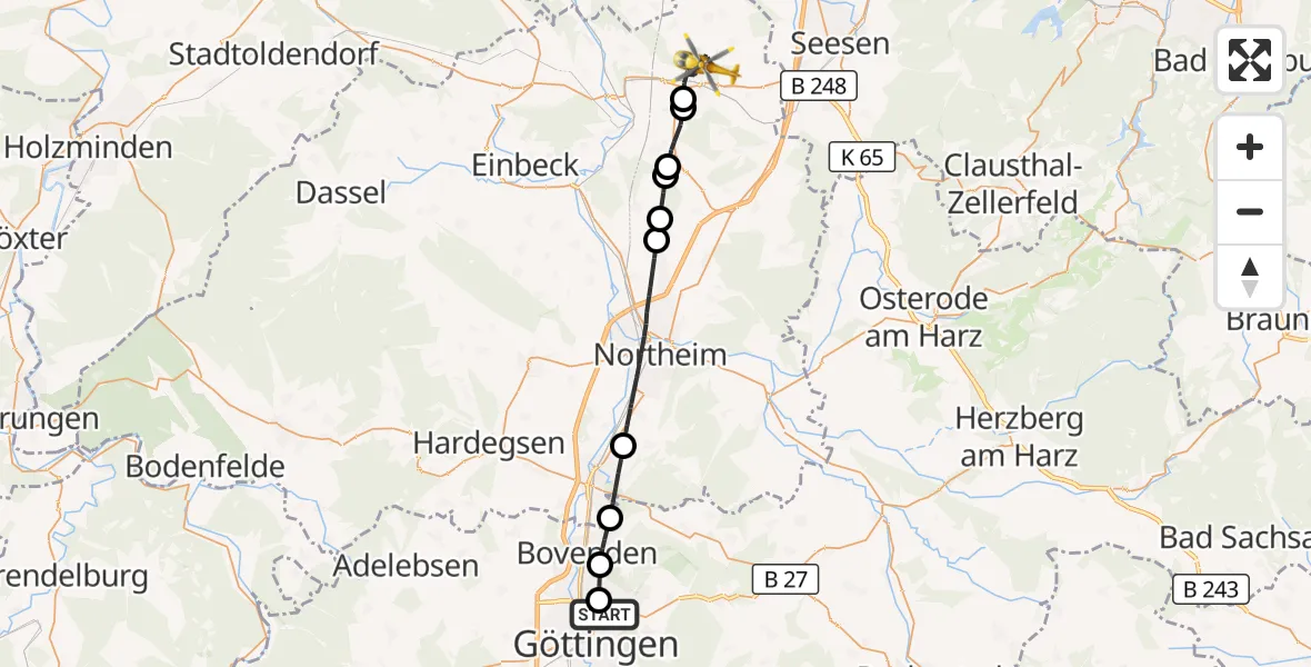 Flugroute Rettungshubschrauber Göttingen University Clinic Hubschrauberlandeplatz - Bad Gandersheim, 27 Juli 2026, 12:22