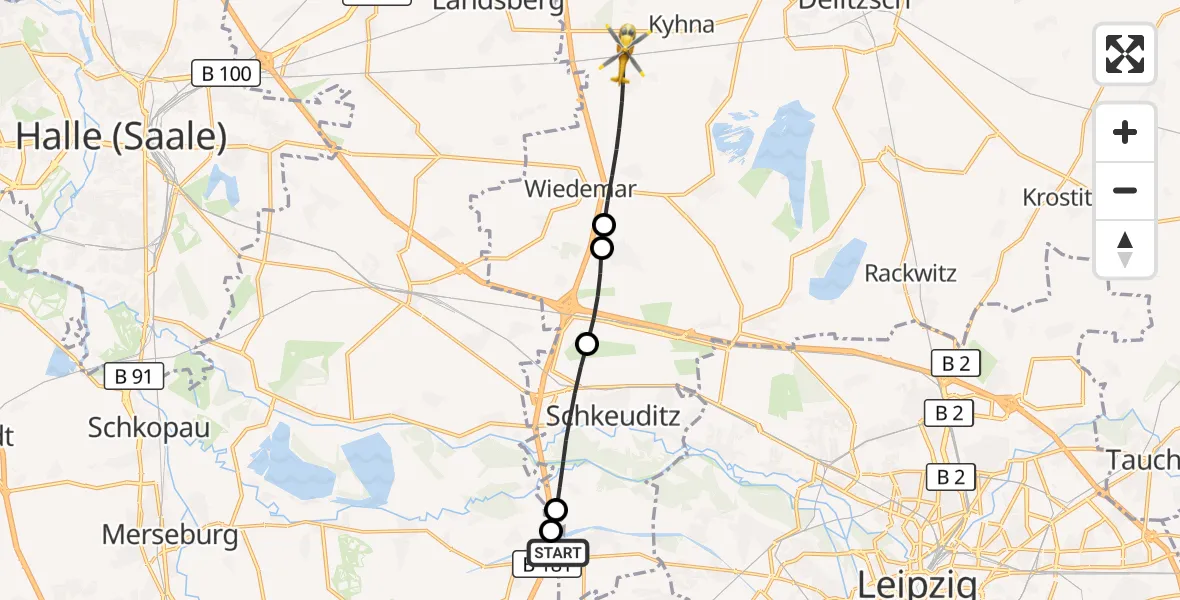 Flugroute Rettungshubschrauber ADAC Air Rescue Station Leipzig/Schkeuditz-Dölzig Hubschrauberlandeplatz (Christoph 61) - Wiedemar, 27 Juli 2026, 12:22