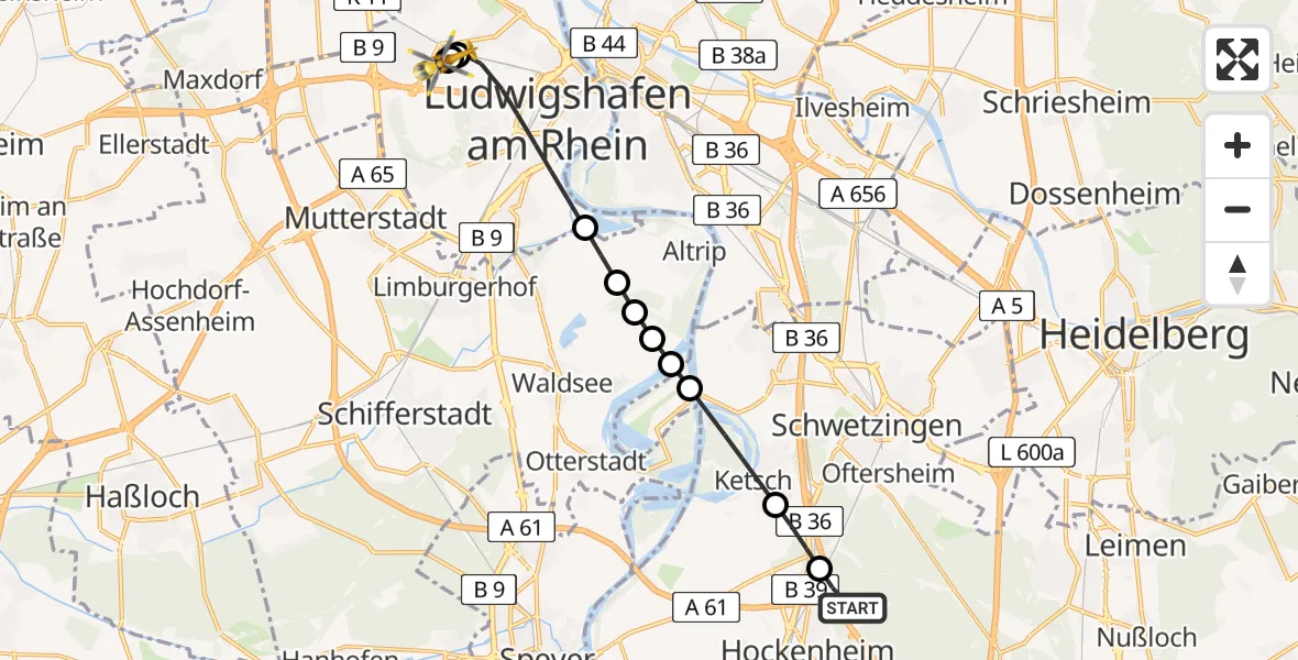 Flugroute Rettungshubschrauber Hockenheim - Ludwigshafen Accident Hospital, 27 Juli 2026, 12:24