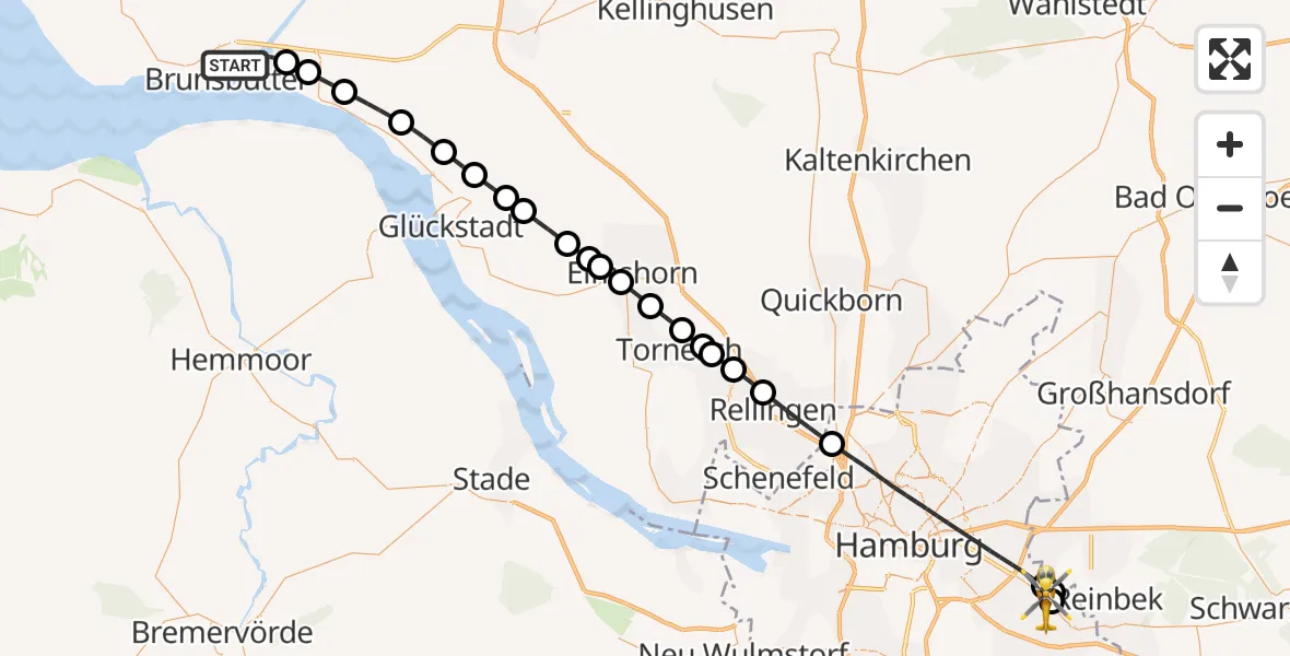 Flugroute Ambulanzhubschrauber Brunsbüttel - Christoph Hansa ADAC Hubschrauberlandeplatz, 27 Juli 2026, 12:28