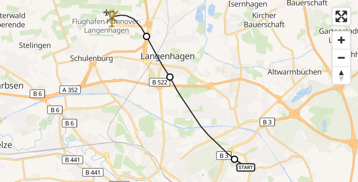Flugroute Rettungshubschrauber Hannover Luftrettung Hubschrauberlandeplatz (Christoph 4) - Flughafen Hannover, 27 Juli 2026, 12:37