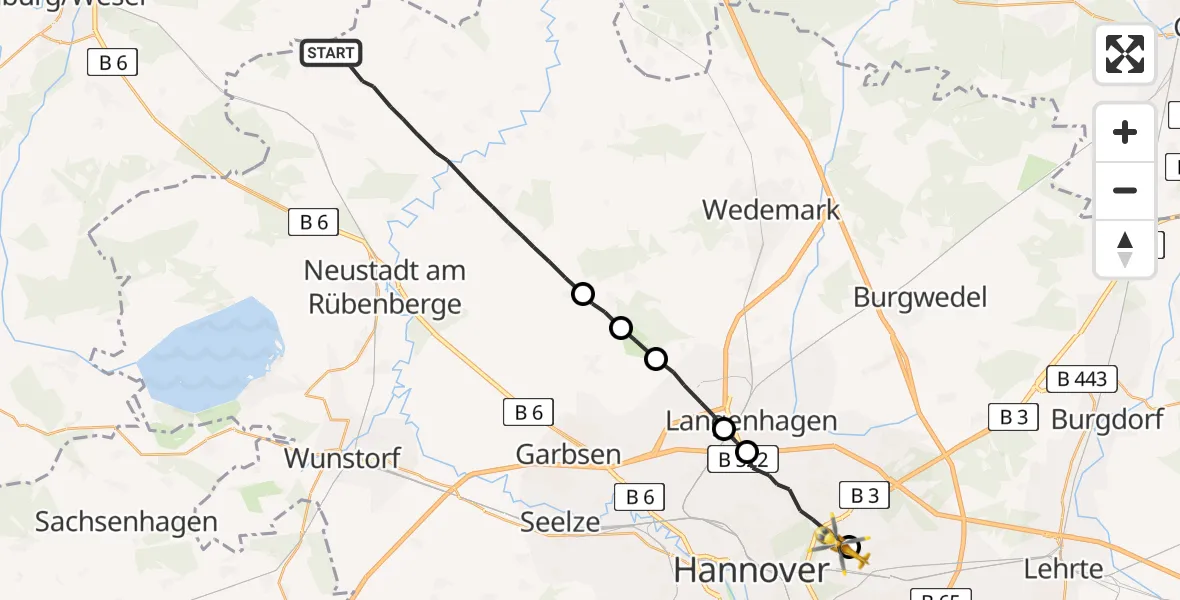Flugroute Rettungshubschrauber Neustadt am Rübenberge - Hannover Luftrettung Hubschrauberlandeplatz (Christoph 4), 27 Juli 2026, 12:37