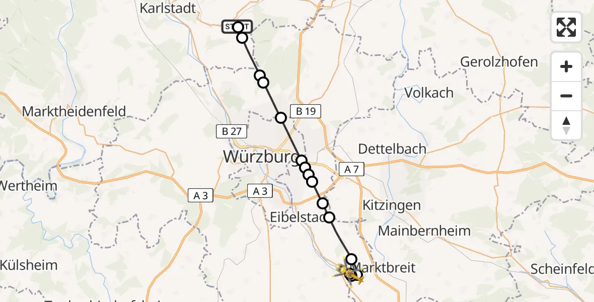 Flugroute Rettungshubschrauber Arnstein - Ochsenfurt Hospital, 27 Juli 2026, 12:38