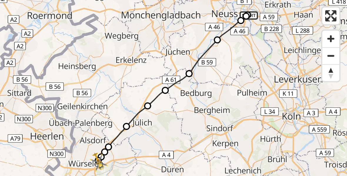 Flugroute Rettungshubschrauber Düsseldorf University Hospital - Aachen-Merzbrück Flughafen, 27 Juli 2026, 12:43