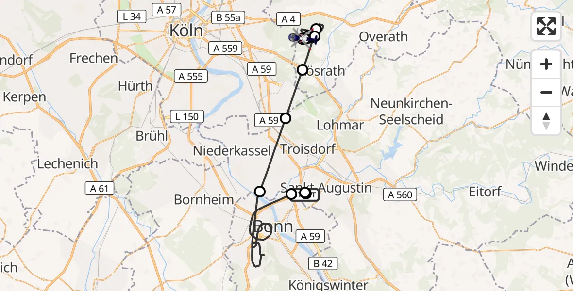 Flugroute Polizeihubschrauber Sankt Augustin - Bergisch Gladbach, 27 Juli 2026, 12:45