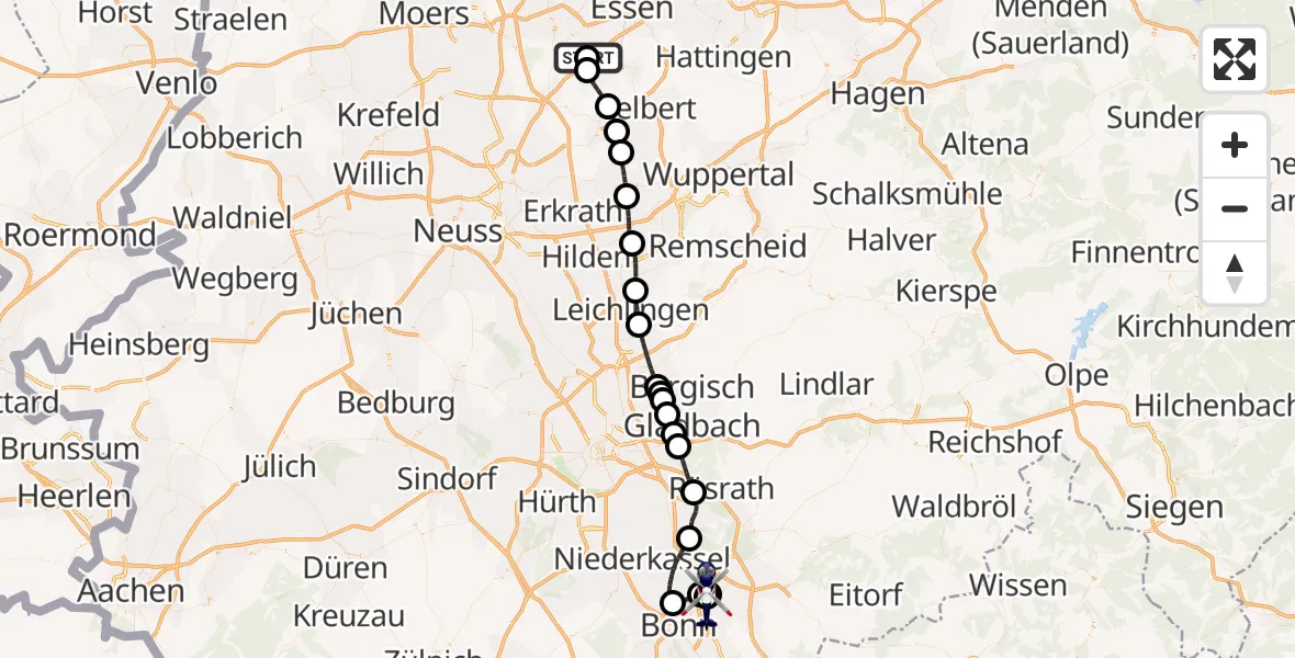 Flugroute Polizeihubschrauber Essen-Mülheim Flughafen - Sankt Augustin, 27 Juli 2026, 12:45