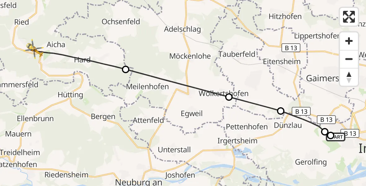 Flugroute Rettungshubschrauber Ingolstadt Hospital - Wellheim, 27 Juli 2026, 12:51