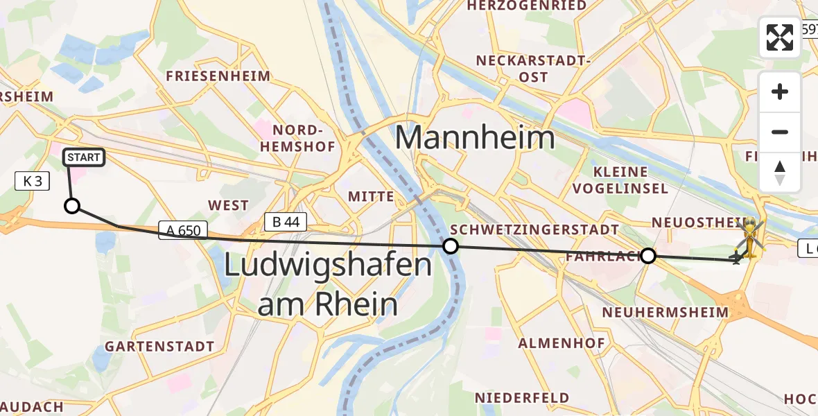 Flugroute Rettungshubschrauber Ludwigshafen Accident Hospital - Mannheim-City Flughafen, 27 Juli 2026, 12:52