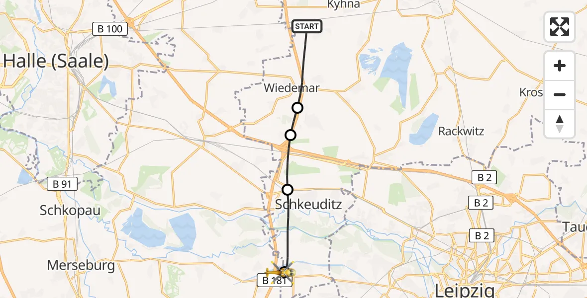 Flugroute Rettungshubschrauber Wiedemar - ADAC Air Rescue Station Leipzig/Schkeuditz-Dölzig Hubschrauberlandeplatz (Christoph 61), 27 Juli 2026, 12:55