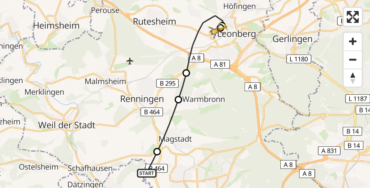 Flugroute Rettungshubschrauber Sindelfingen - Leonberg Hospital, 27 Juli 2026, 12:56