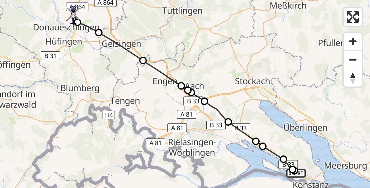 Flugroute Polizeihubschrauber Konstanz Flugplatz - Donaueschingen-Villingen Flugplatz, 27 Juli 2026, 12:58