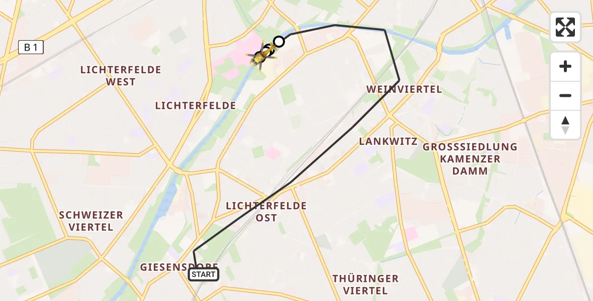 Flugroute Rettungshubschrauber Berlin - Charité Clinic Benjamin Franklin Campus, 27 Juli 2026, 13:02